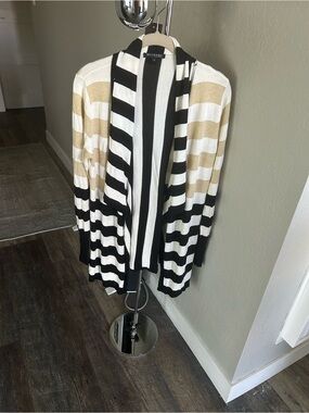 Striped Open-Front Cardigan in Black, White & Gold